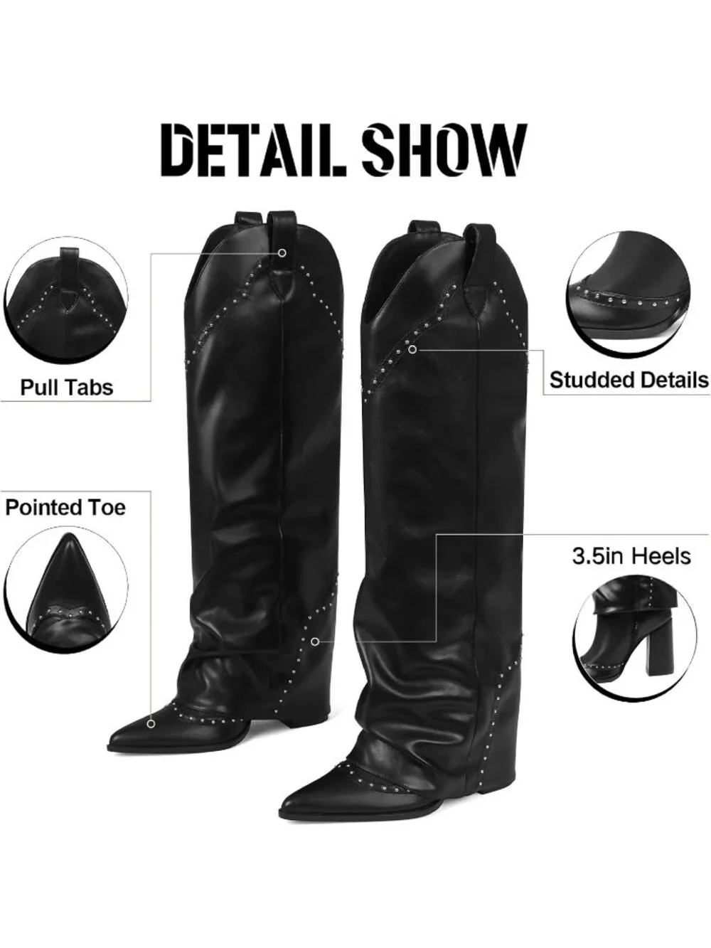 Women's Black Shark Studded Fold Over Knee High Snip Toe Cowgirl Slouch Boots